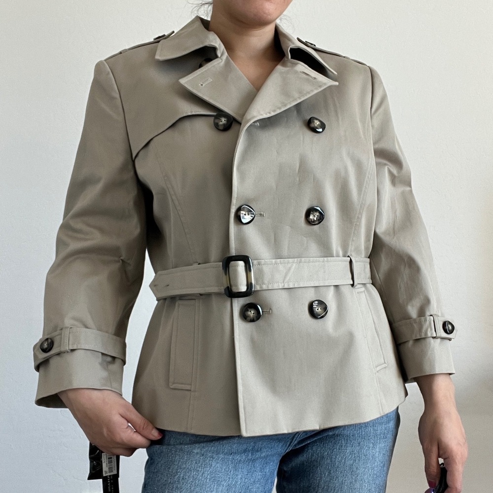 Tahari Trench Jacket Womens 14 Tan Double Breasted Belted 3/4 Sleeve Cotton Mix